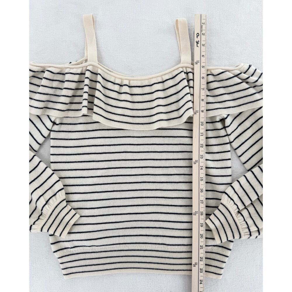 Joie Cream Navy Stripe Wool Cashmere Sweater Cold Shoulder Ruffle Knit S - Picture 4 of 7